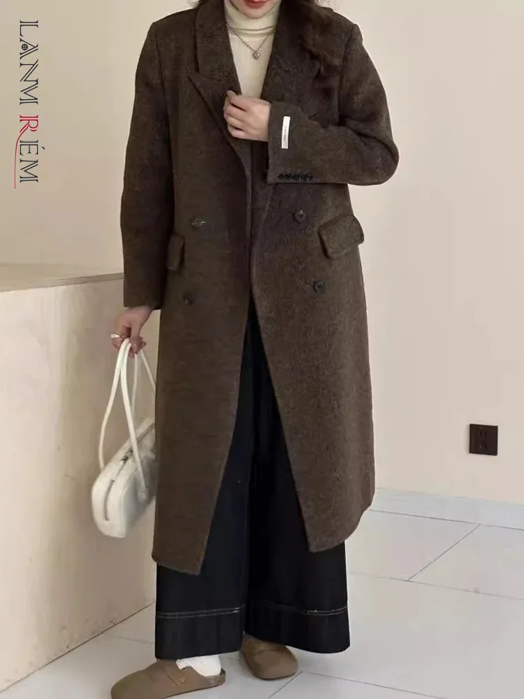 

[LANMREM] Office Lady Warm Wool Outwear For Women Notched Double Breasted Fashion Long Coats 2024 Winter New Clothing 26C505