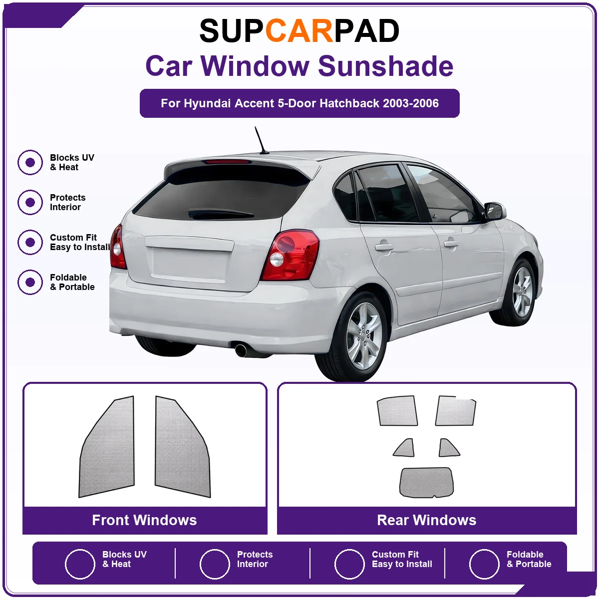 For Hyundai Accent 5-Door Hatchback 2003-2006 Pre‑Cut Auto Window Sunshade Anti‑UV Car Sun Visor Protector