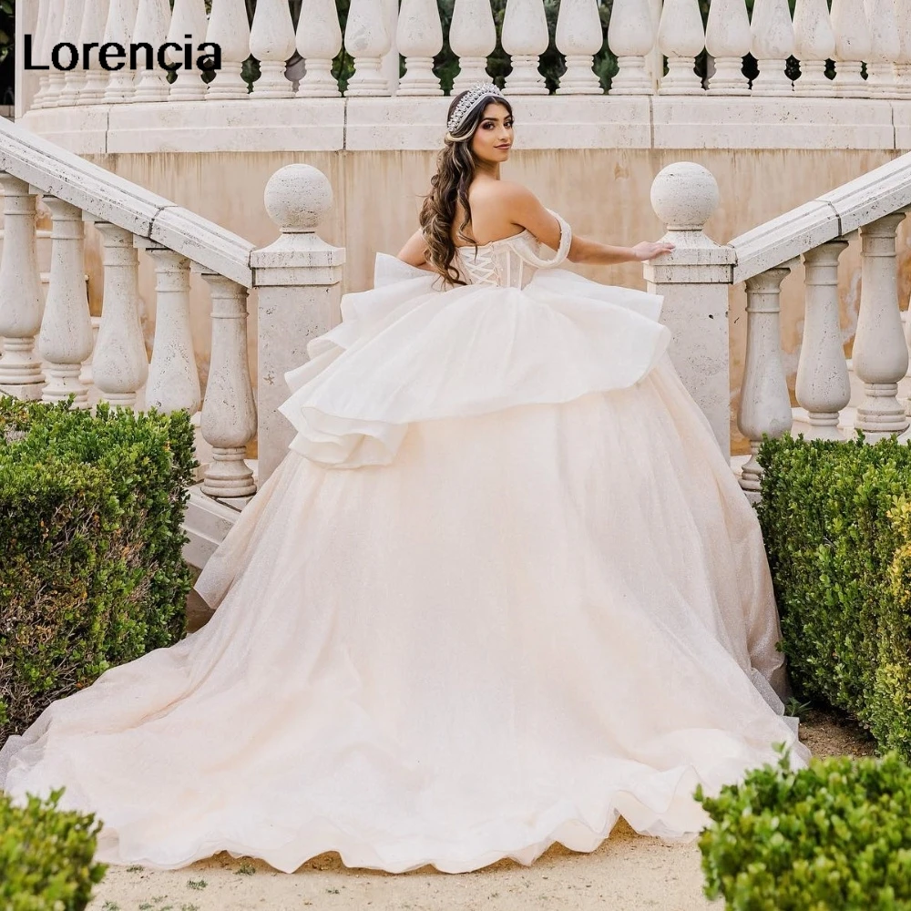 Lorencia Glitter Champagne Quinceanera Dress Ball Gown Shiny Applique Beading Tiered Corset Sweet 16 Vestidos De 15 Años YQD946