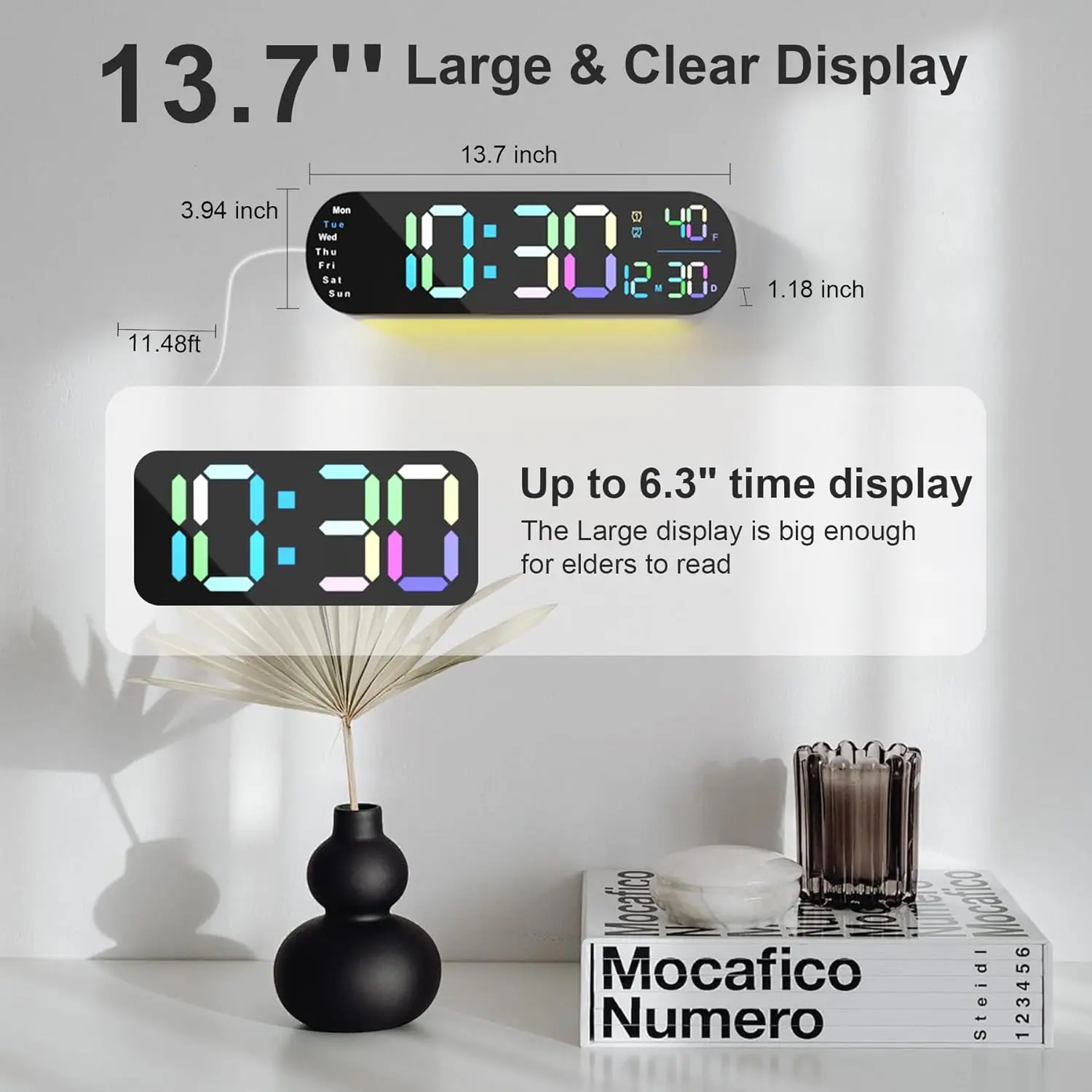 Digital Wall Clock Large Display,13.7 inch Large Digital Wall Clock with RGB Color Changing Remote Control,Auto DST, Date Week