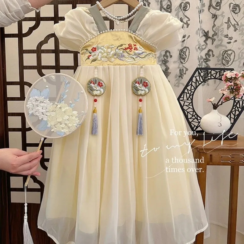 Girls' Hanfu Ancient Style Dress Summer 2025 New Children's Wear Thin Short Sleeve Dress