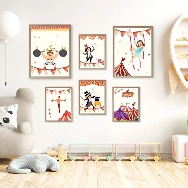 1pc frameless Canvas Painting Funny Cartoon Circus House Acrobats Carnival Magician Nursery Poster Canvas Painting Wall Art Pict
