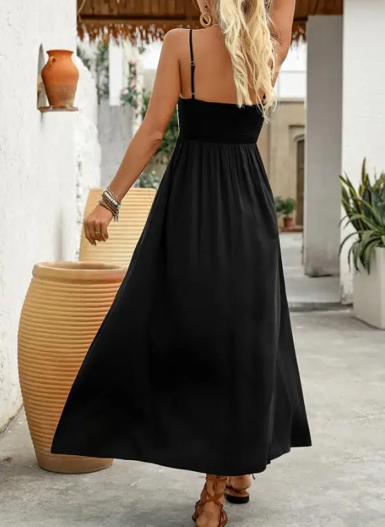 

Women's Dress Summer New Elegant and Fashionable Beach Vacation Style Flower Embroidered High Waist Slimming A-Line Strap Dress