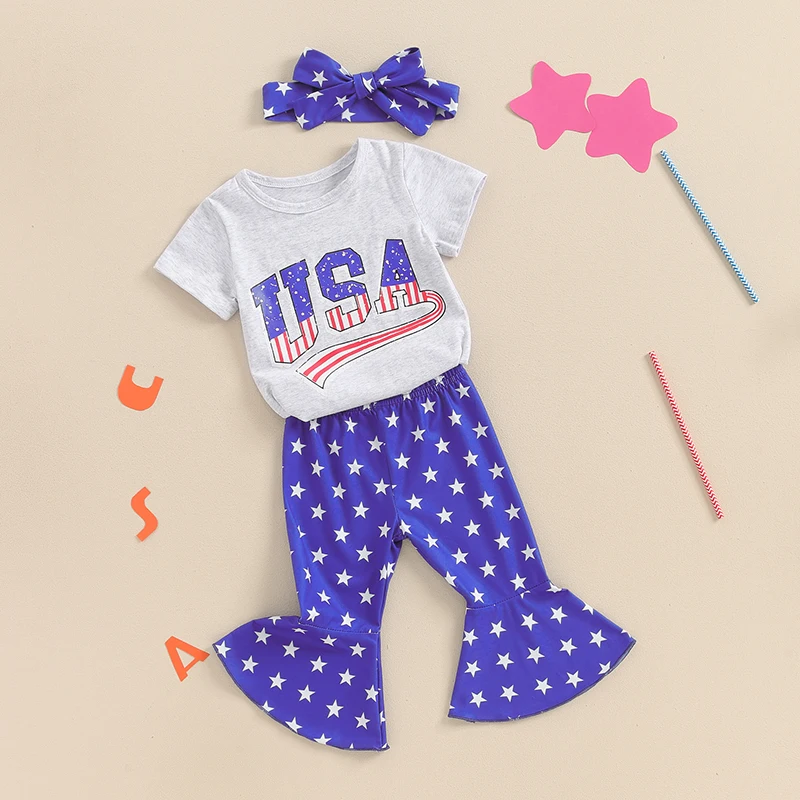 Big Sister Little Sister Matching 4th of July Outfit Retro USA Romper T-Shirt Bell Bottom Headband Clothes Set