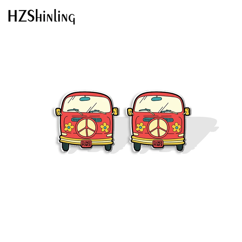 2023 New Hippie Van Stud Earring Travel Bus Acrylic Resin Earrings Epoxy Handmade Jewelry Gifts Friends