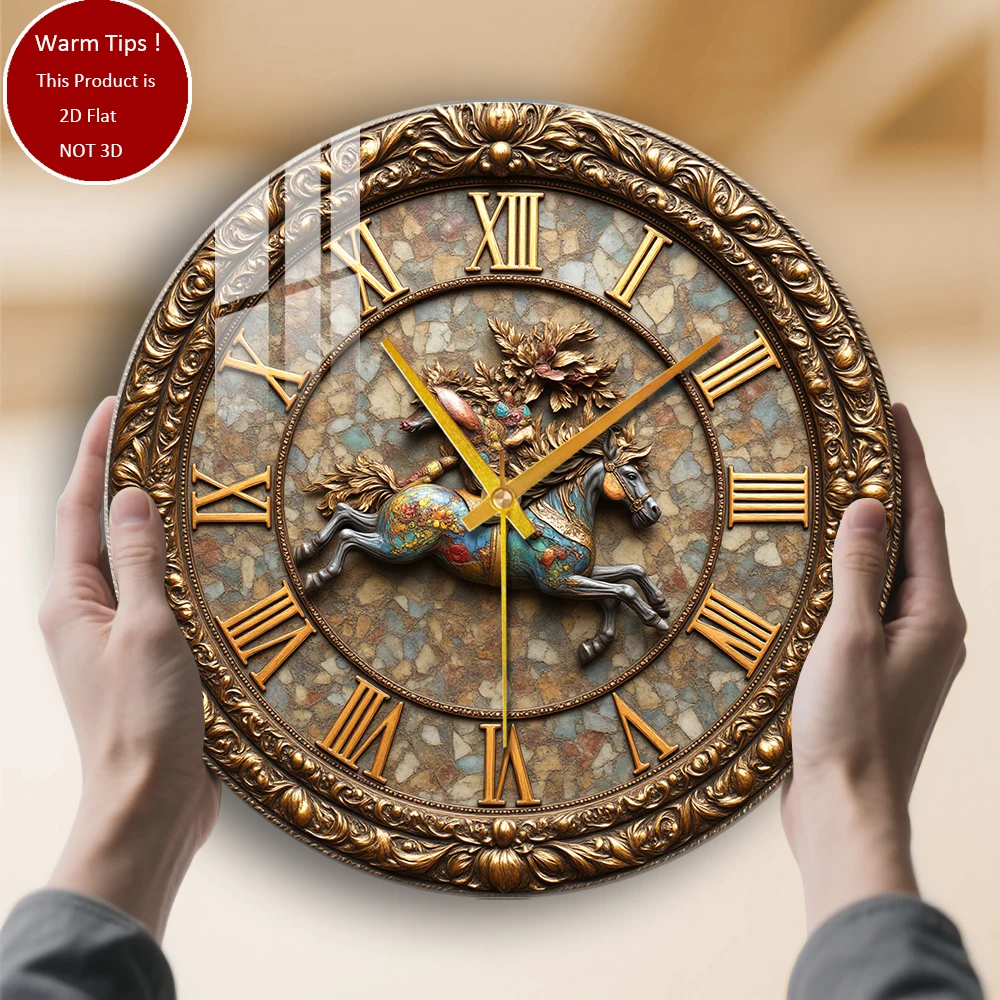 Tempered Glass Wall Clock Galloping Horse with Rider Suitable For Wall Decor or Tabletop Display Anywhere