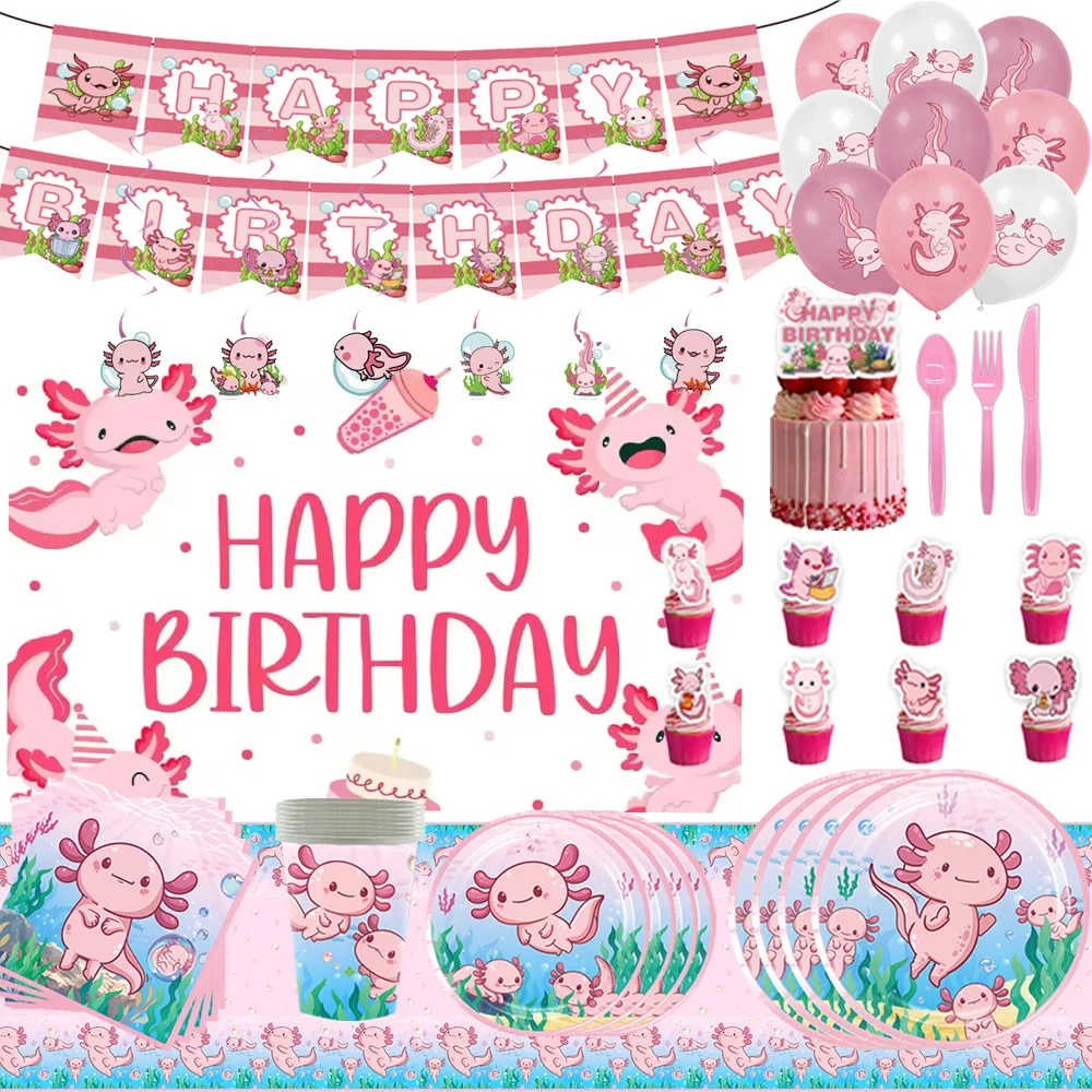 Cartoon Axolotl Thema Geburtstag Party Dekoration Einweg Geschirr Tasse Teller Tischdecke Ballons Hintergrund Banner Mädchen Geschenke