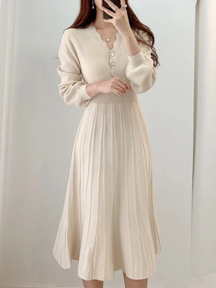 One Piece Korean Pleated Dress 2022 New Autumn Long Sleeve Slim Woman Sweater Dresses Knitted Vintage Elegant Midi Party Dress