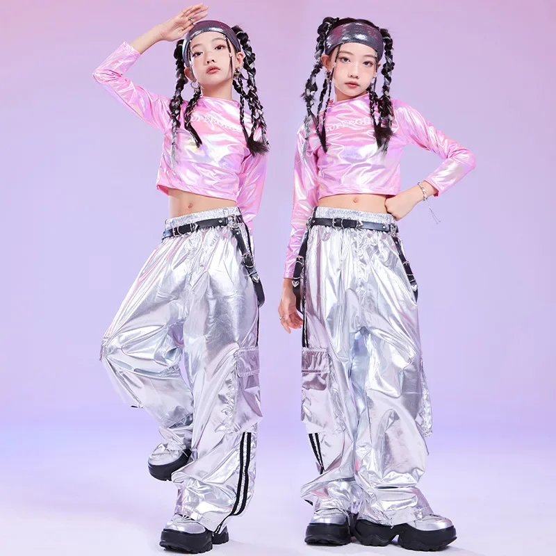 Mädchen Hip Hop Tanzkostüm Kinder Rosa Laser Crop Top Silber Cargohose für Kinder Jazz Street Performance Kleidung