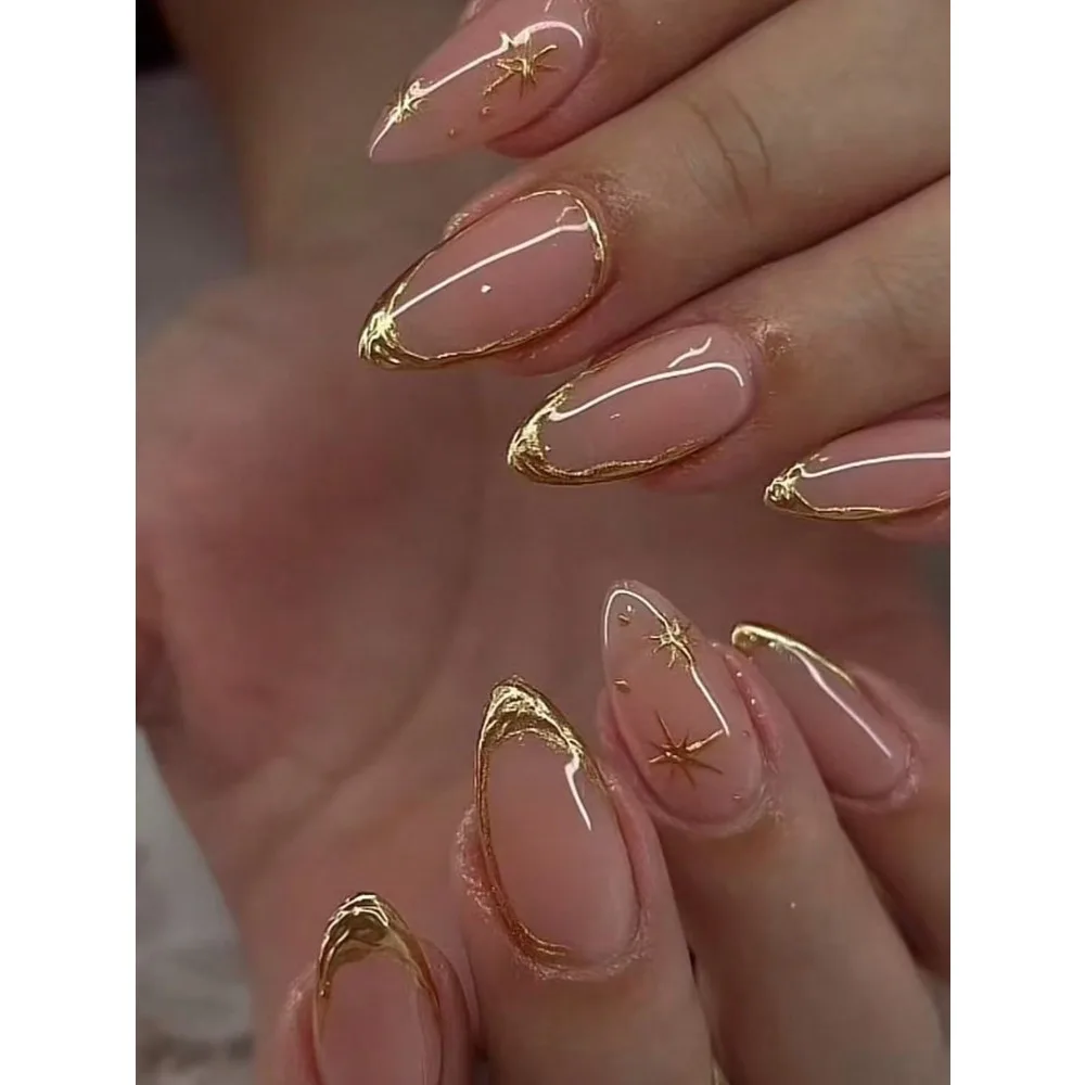 

24pcs Handmade Almond-Shaped 3D Gel Nail Stickers, Create Golden, Crescent Moon, Star And More Nail Art Designs, Golden French Tip Stickers, Almond Shape Design. Set Includes: 1pc Jelly Gel And 1pc Nail File