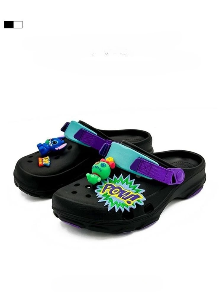 

Stitch zai Hole Shoes Summer Men and Women Wear Wild Tide Drag Two Outdoor Embroidered Black and Purple Sandals and Slippers.