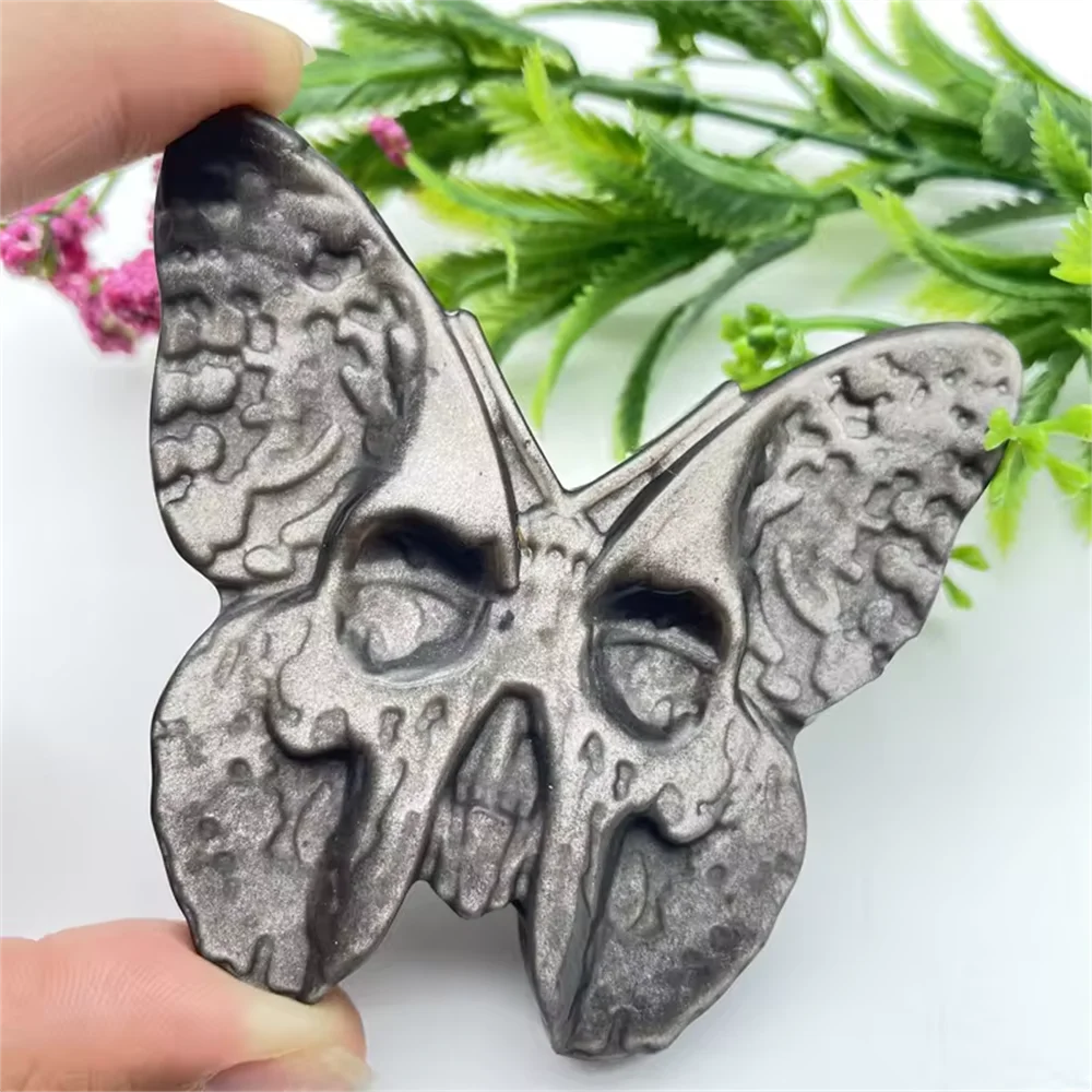 high quality Golden Obsidian Butterfly Skull Carving Healing Crystal Sliver Obsidian Skull for gifts and decoration