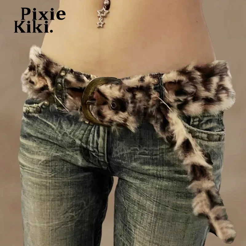 PixieKiki Cheetah Print Faux Fur Furry Belts Vintage Western Accessories Y2k Belts for Women P67-BC10