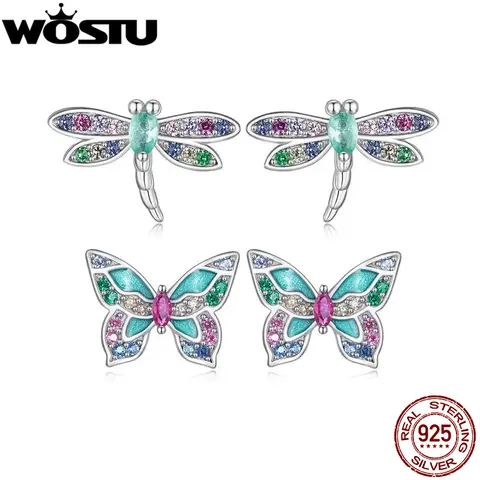 WOSTU 925 Sterling Silver Rainbow CZ Dragonfly Butterfly Stud Earrings Cute Insect Ear Studs Girls Daughter Birthday Party Gift
