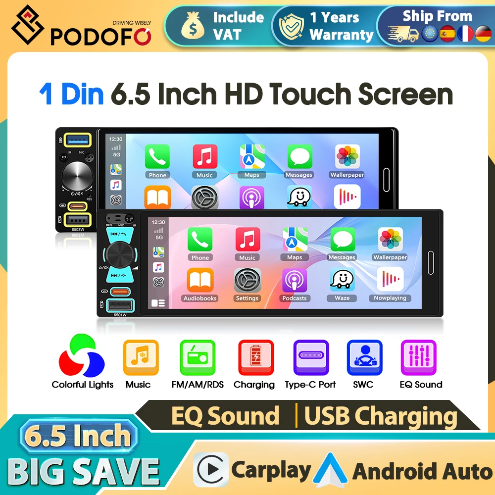 Radio de coche universal Podofo de 6.5'' 1DIN con pantalla táctil Incell, Carplay, Android Auto, reproductor multimedia para coche, Mirror Link, FM/AM/RDS