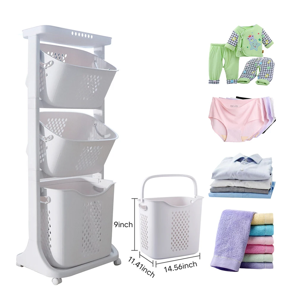 

3 Tier Storage Baskets Laundry Rolling Hamper Cart Portable 3 Removable Baskets With Wheels For Bathroom Kitchen Living Room