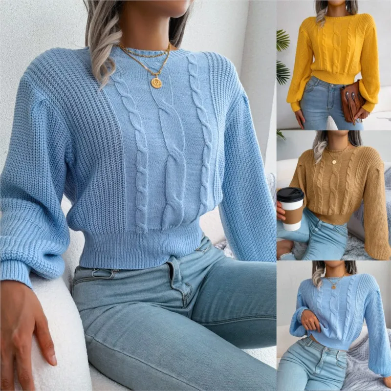 Autumn And Winter Leisure Fried Dough Twists Lantern Sleeve Waist Knitting Sweater Women\'s Round Neck Pullover Long Sleeve 2024