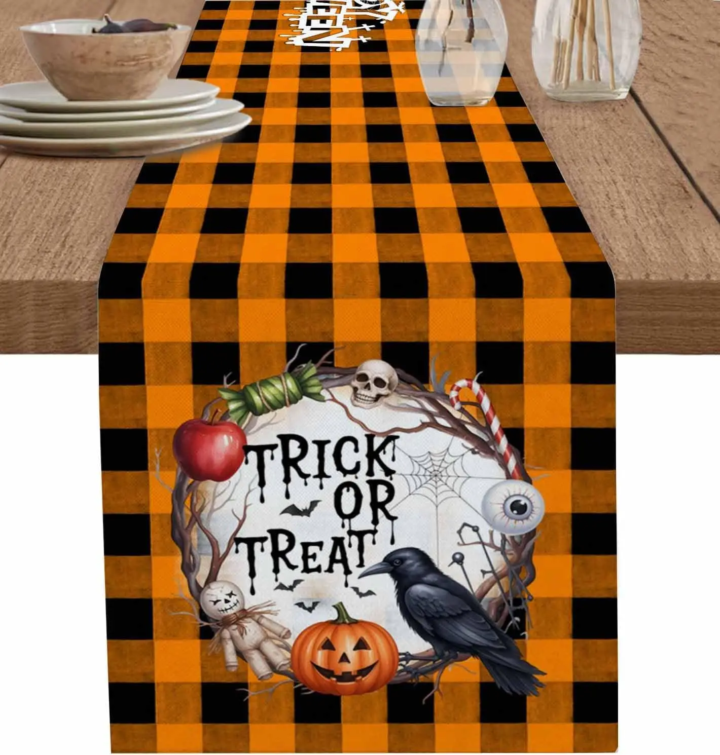 

Halloween Pumpkins Crow Linen Table Runner for Table Decorations Washable Halloween Theme Buffalo Plaid Table Runners Home Decor