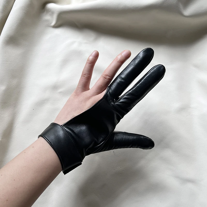 Three-finger gloves Lovers Snooker gloves Leather touchscreen Pure sheepskin black half fingerless short snooker cartoon