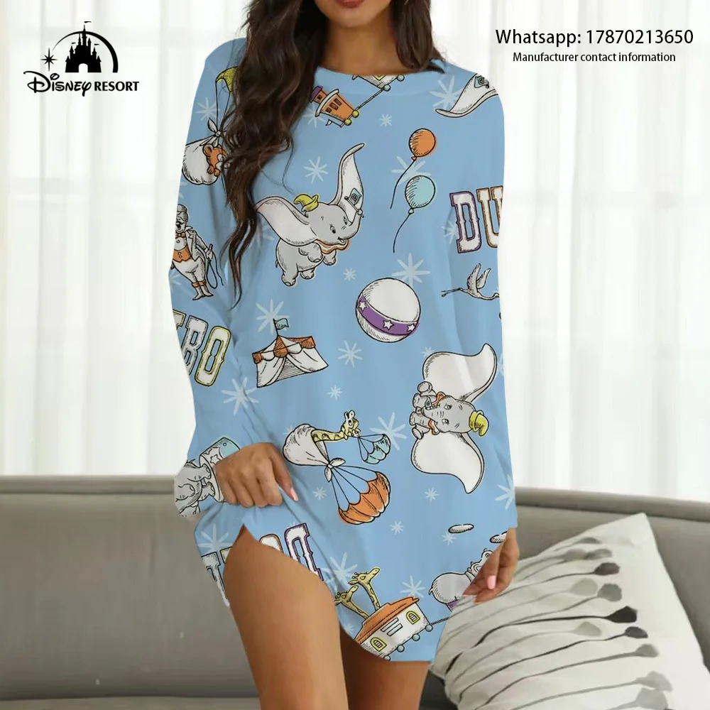 Vestido de Casa kawaii de manga larga para mujer, cuello redondo, Dumbo, estampado de dibujos animados, hasta la rodilla, cómodo, ropa informal para el hogar