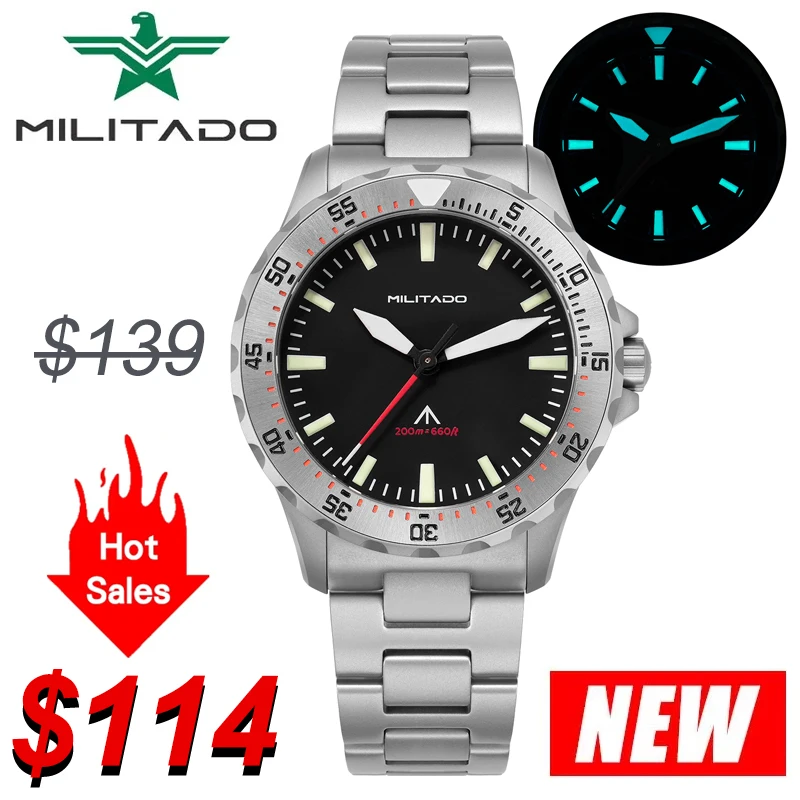 

Militado ML16 Watch Sapphire Crystal BGW9 Luminous Quartz Watch VH31 Sweep Movement 200m Waterproof 38mm Men's Vintage Wath