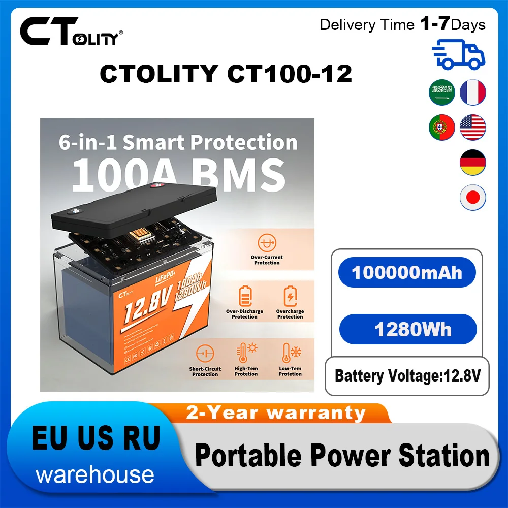 CTOLITY CT100-12 100000mAh 1280Wh 12.8V محطة طاقة محمولة مع بطارية تخزين الطاقة الشمسية الكهروضوئية للسياحة RVs #1