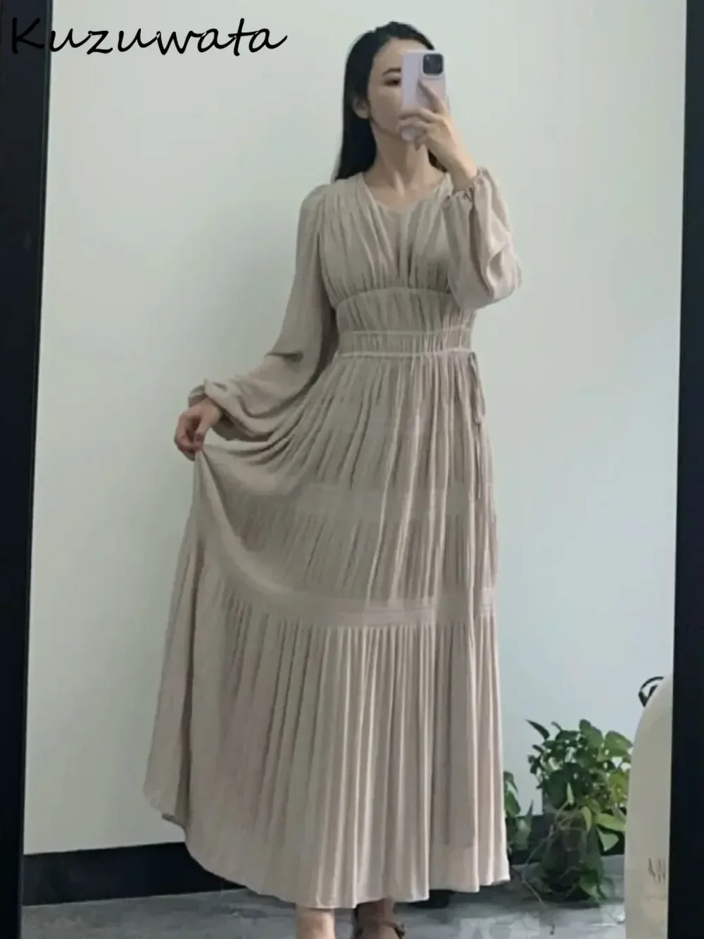 

Kuzuwata Elegant Exquisite Lace Up Lantern Sleeve Chiffon Dress Slim Waist Office Lady Pleated Robe Japan Sweet Literary Vestido