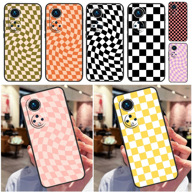 Checkerboard Pattern Mustard Yellow Case For Huawei P30 P50 Pro P40 P20 Lite P Smart 2019 Nova 5T Honor 70 50 80 X8 X9 Cover