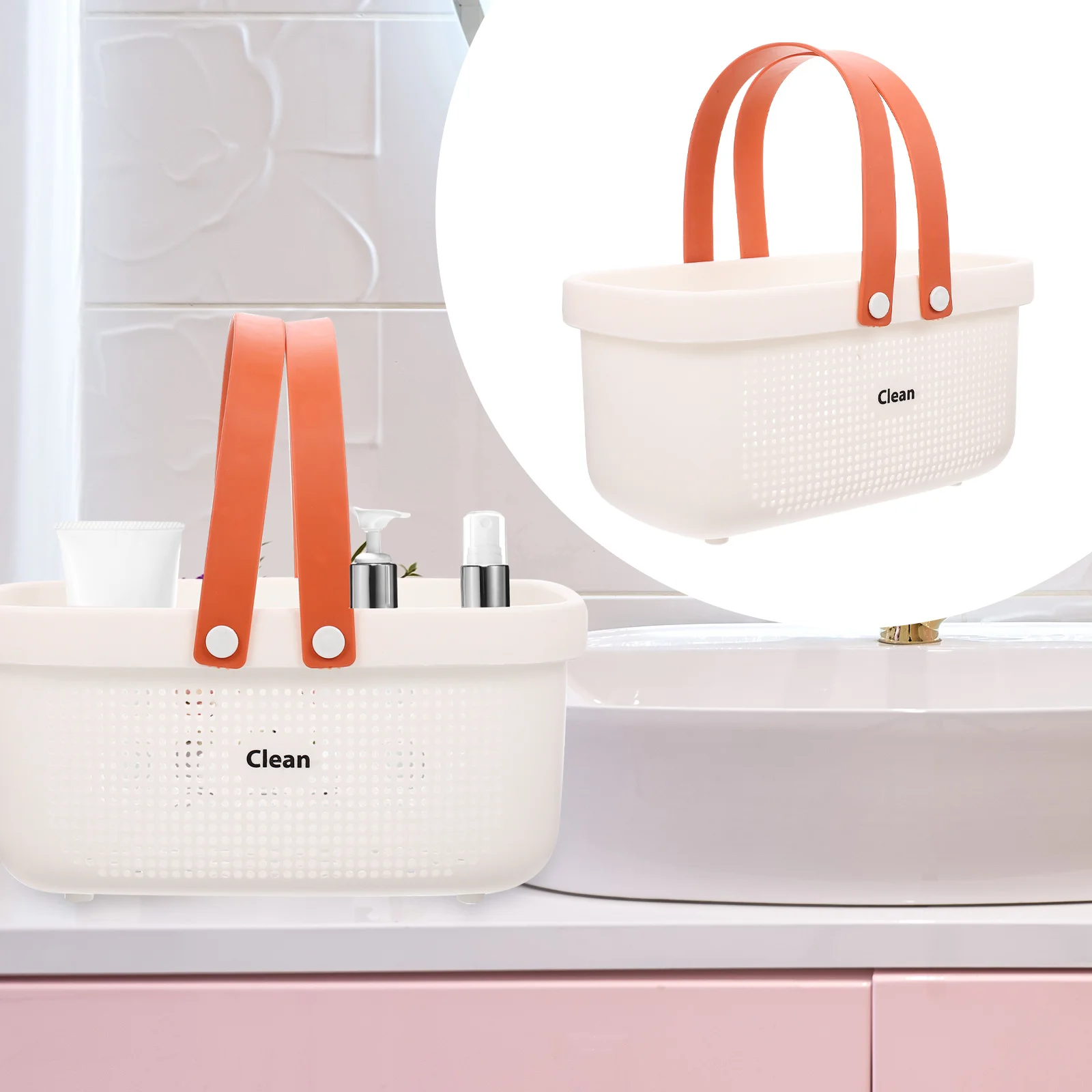 سلة أدوات الزينة ذات سعة كبيرة، منظم تخزين الدش المحمول، تصميم مجوف، حامل ثقوب الصرف البلاستيكي