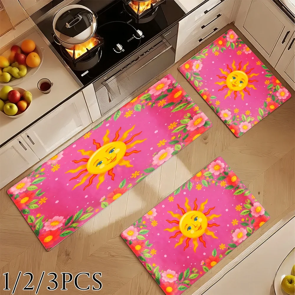 3PCS Kitchen Rugs,Home Decoration for Front Door, Kitchen, Bathroom, Sun Flower Pink Pattern Print Kitchen Mat Dining Mat