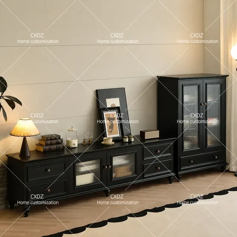 Solid Wood TV Cabinet Retro Simple Living Room Small Apartment Floor Cabinet Light Luxury Black American Style Coffee Table