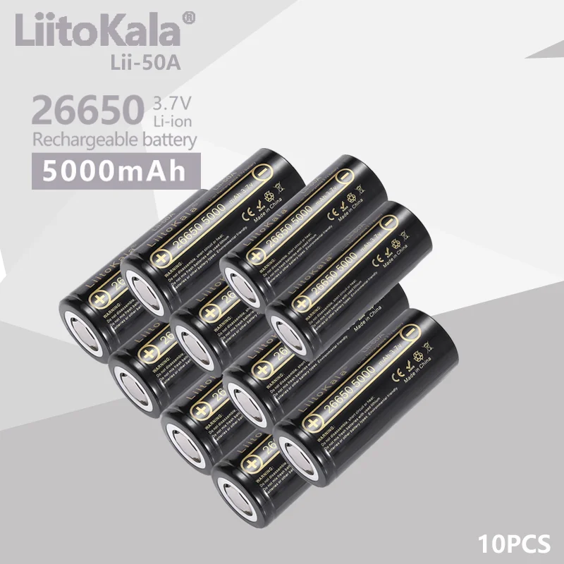 10PCS LiitoKala Lii-50A High Capacity 26650 5000mAh 3.7v Li-ion Rechargeable Battery battery for Flashlight 20A new packing