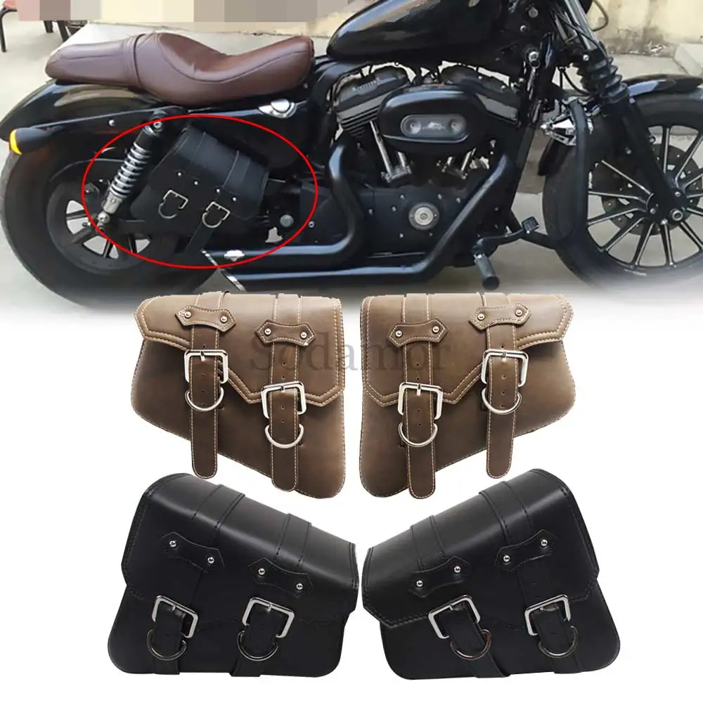 For Honda Suzuki Harley Sportster XL 883 XL1200 Black PU Leather Saddle Bag Motorcycle Luggage Left+Right Side Tool Bag