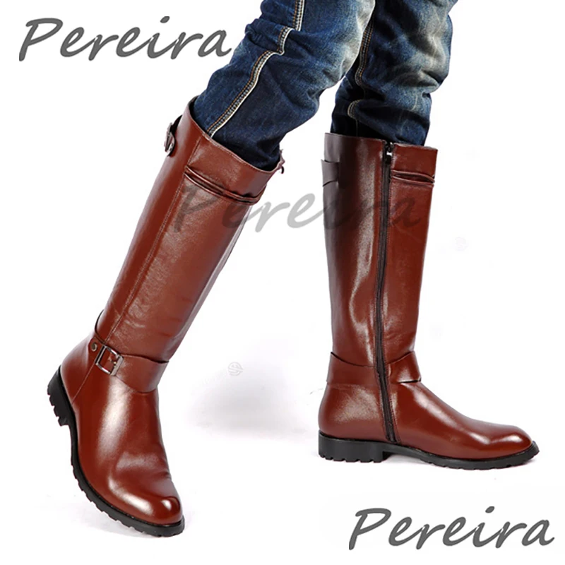 Autumn Winter Retro Knee High Boots for Men British Style Leather Belt Buckle Zipper Knight Boots Outdoor Men's Shoes Plus Size