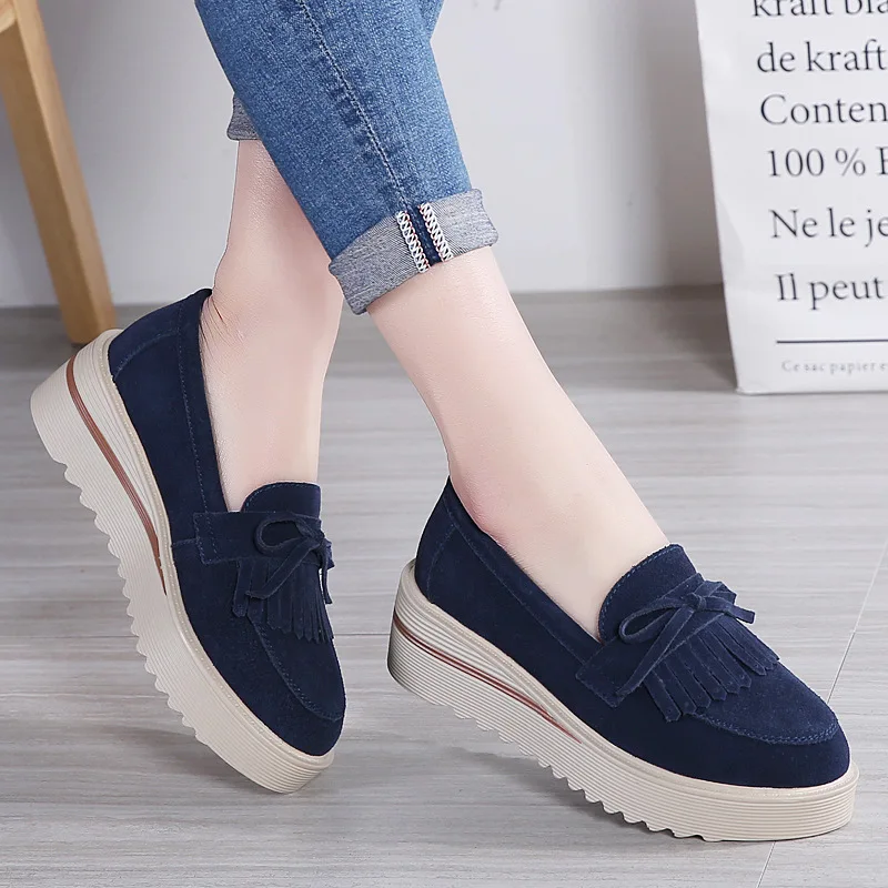 Genuine Leather Platform Wedge Shoes for Women Chunky Sneaker White Casual Youth Girls Heighten Loafers Ladies Flats 2023 Summer