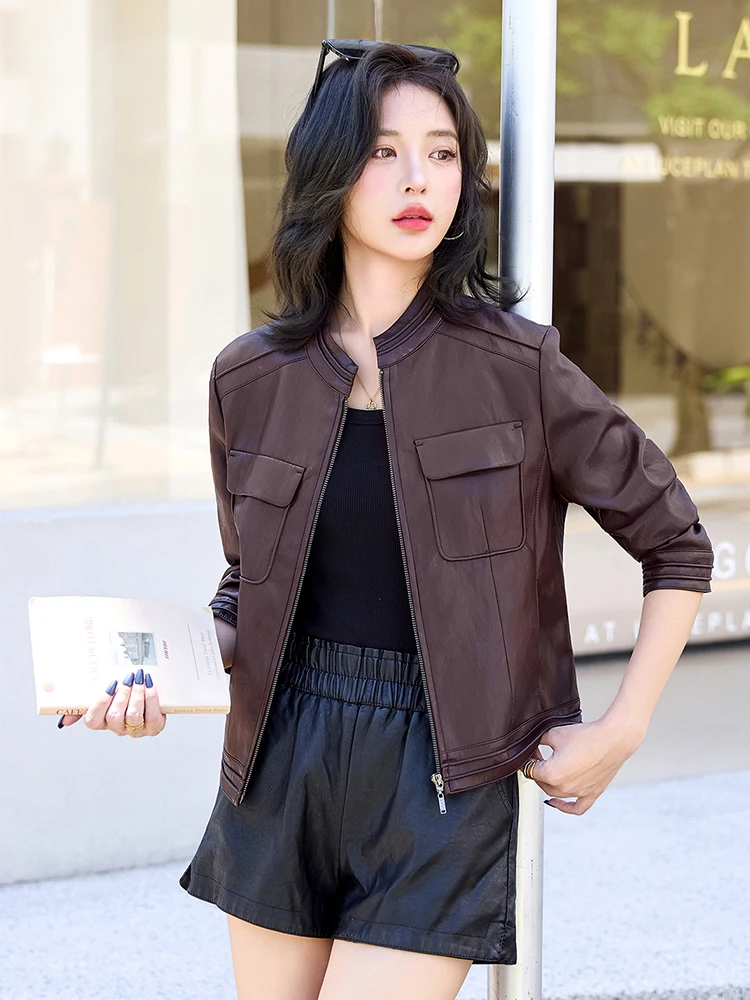 Manteau en cuir effet amincissant pour femme, taille S, nouvelle collection printemps-automne, en peau de mouton, version coréenne, coupe ajustée