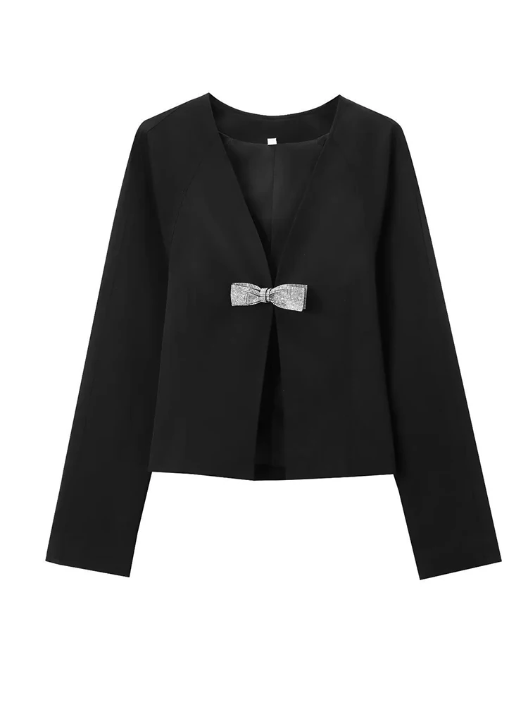 Frauen Schleife Schnalle schwarze Blazer Frühling Herbst tiefe V-Ausschnitt Jacken Mäntel