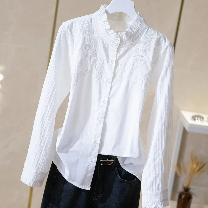 Camisa blanca de manga larga con bordado para mujer, cuello de volantes vintage, estilo dulce, prendas de vestir femeninas, Verano