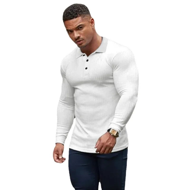 Autumn Fashion Knitted Polo Shirt Men Classic White Ribbed Skinny Long Sleeve Polos Male Elastic Breathable Sports Jersey Shirt