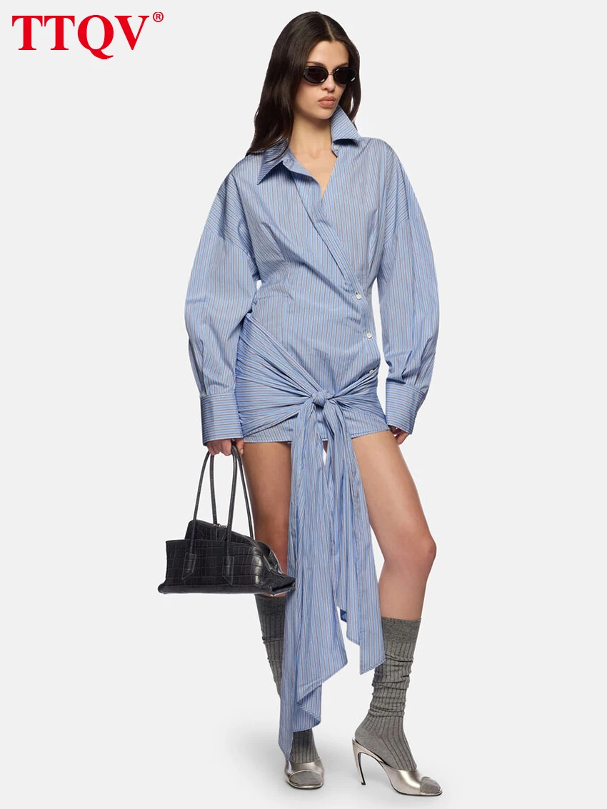 

TTQV Fashion Loose Blue Stripe Women's Dress 2026 Spring Lapel Long Sleeve Mini Dresses Elegant Classic Lace-Up Female Dress
