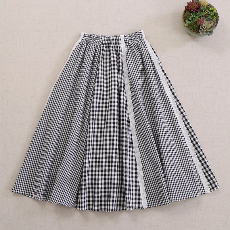 Japanese Mori Girl Vintage Plaid Lace Patchwork Asymmetric Skirts Women Spring New Elastic Waist Casual Loose A-Line Skirts