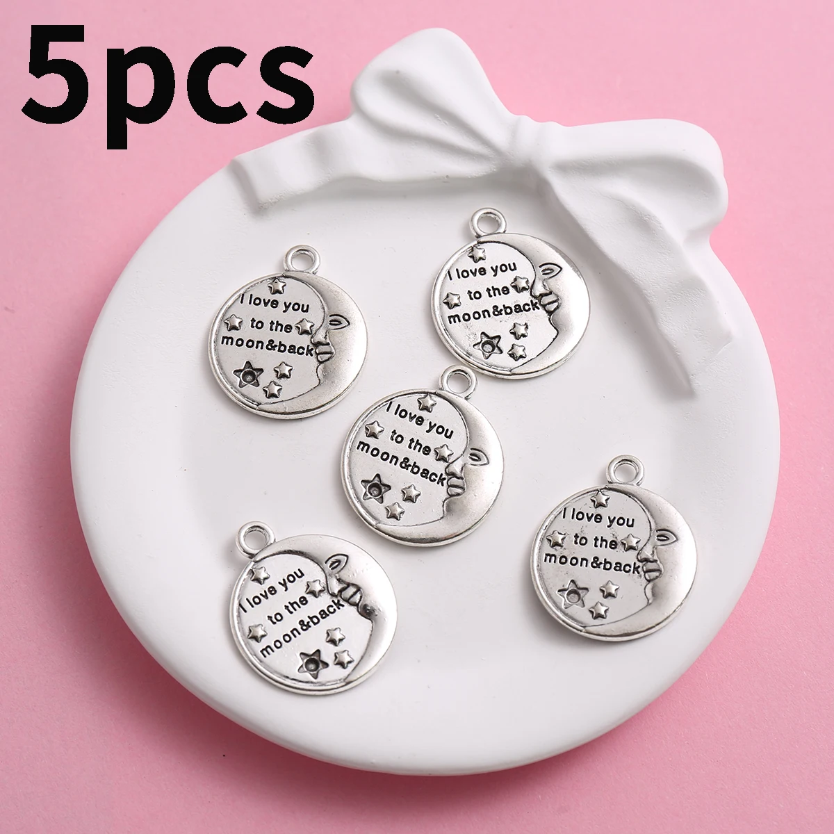 5-Piece Set of Crescent Star Love Message Round Charms, Vintage Human Face and Moon Crescent English Phrase Round Mini Pendants, Suitable for DIY Bracelets, Necklaces, Earrings, and Handmade Beaded Jewelry Accessories
