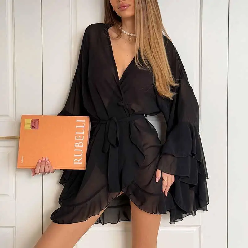 Women Sexy Mini Robe Lotus Sleeve Casual Loose Kimono Gown Homewear Comfy Intimate Lingerie Solid Color Elegant Bathrobe