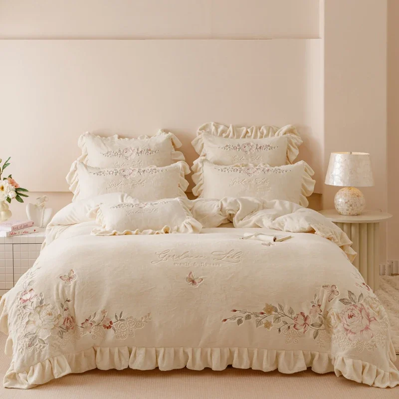 Flowers Butterfly Embroidery Ruffles Princess Bedding Set Warm Thickened Milk Velvet Duvet Cover Set Bed Sheet Pillowcases 4Pcs
