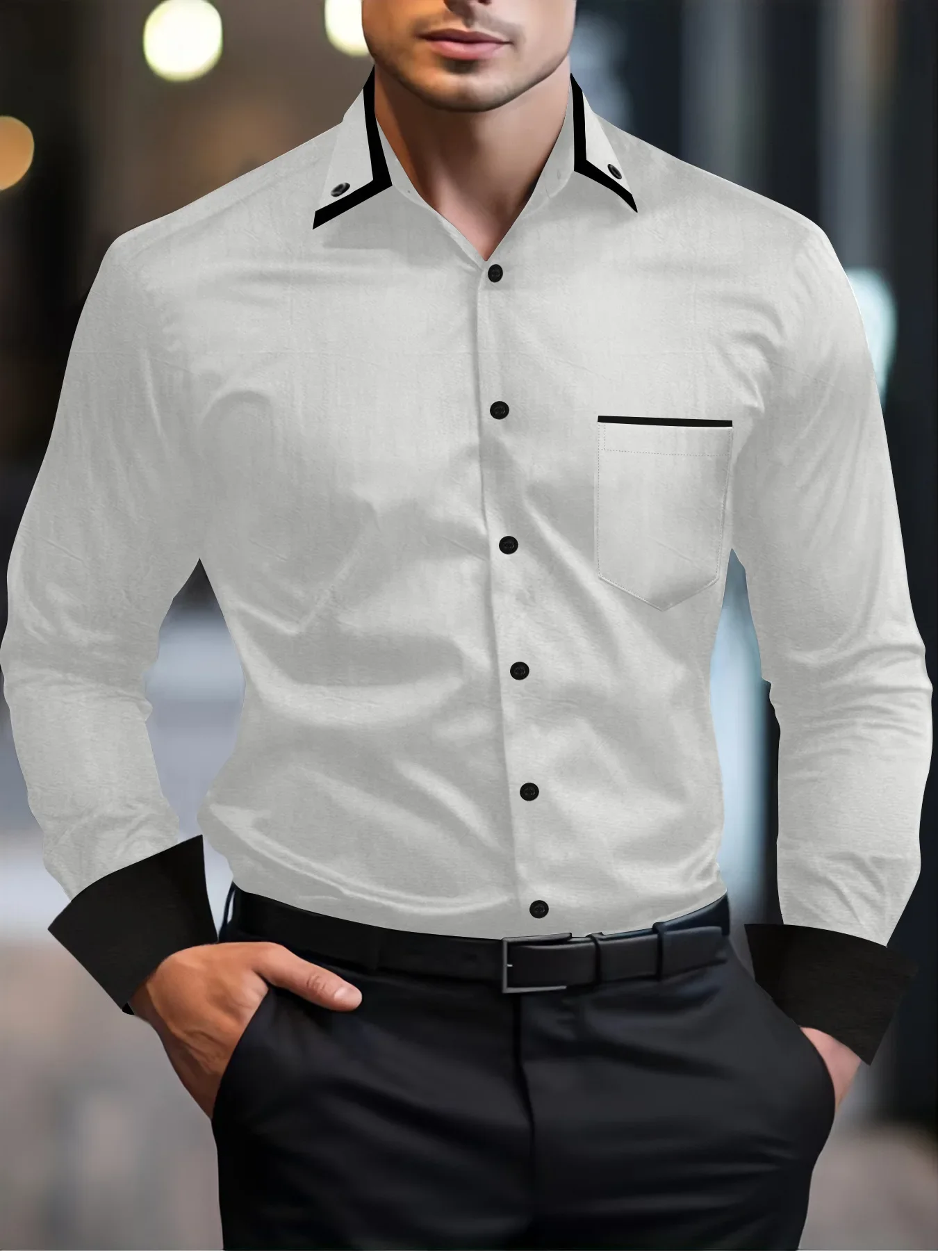 Spring and autumn new business casual shirt trend fashion high-end men's lapel matching color pockets comfortable slim long slee