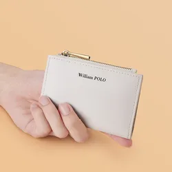 Carteira de couro genuíno feminino, titular de cartão elegante e personalizado, bolsa de moedas e moedas masculina