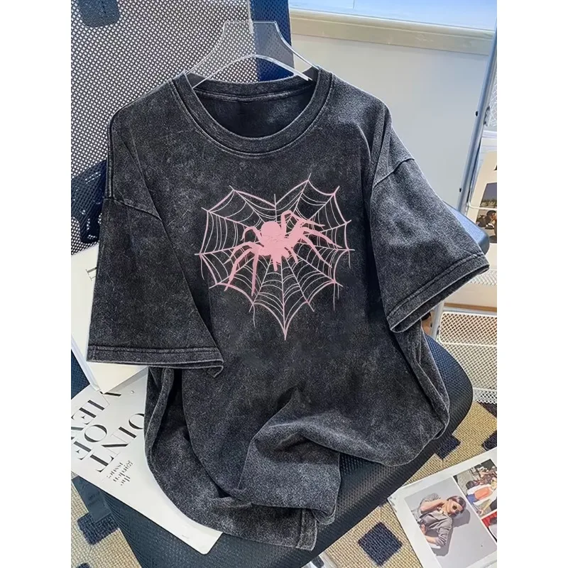 

Vintage Pink Spider Web Graphic T-Shirt Gothic Spider Heart Print Oversize Short Sleeve Loose Fit Crew Neck Top for Daily Wear