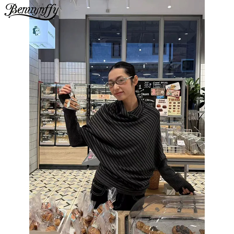 

Benuynffy корейский полосатый нерегулярный вязаный свитер для женщин, осень-зима 2022, новинка 202, водолазка для девочек, пуловер, джемперы, топ