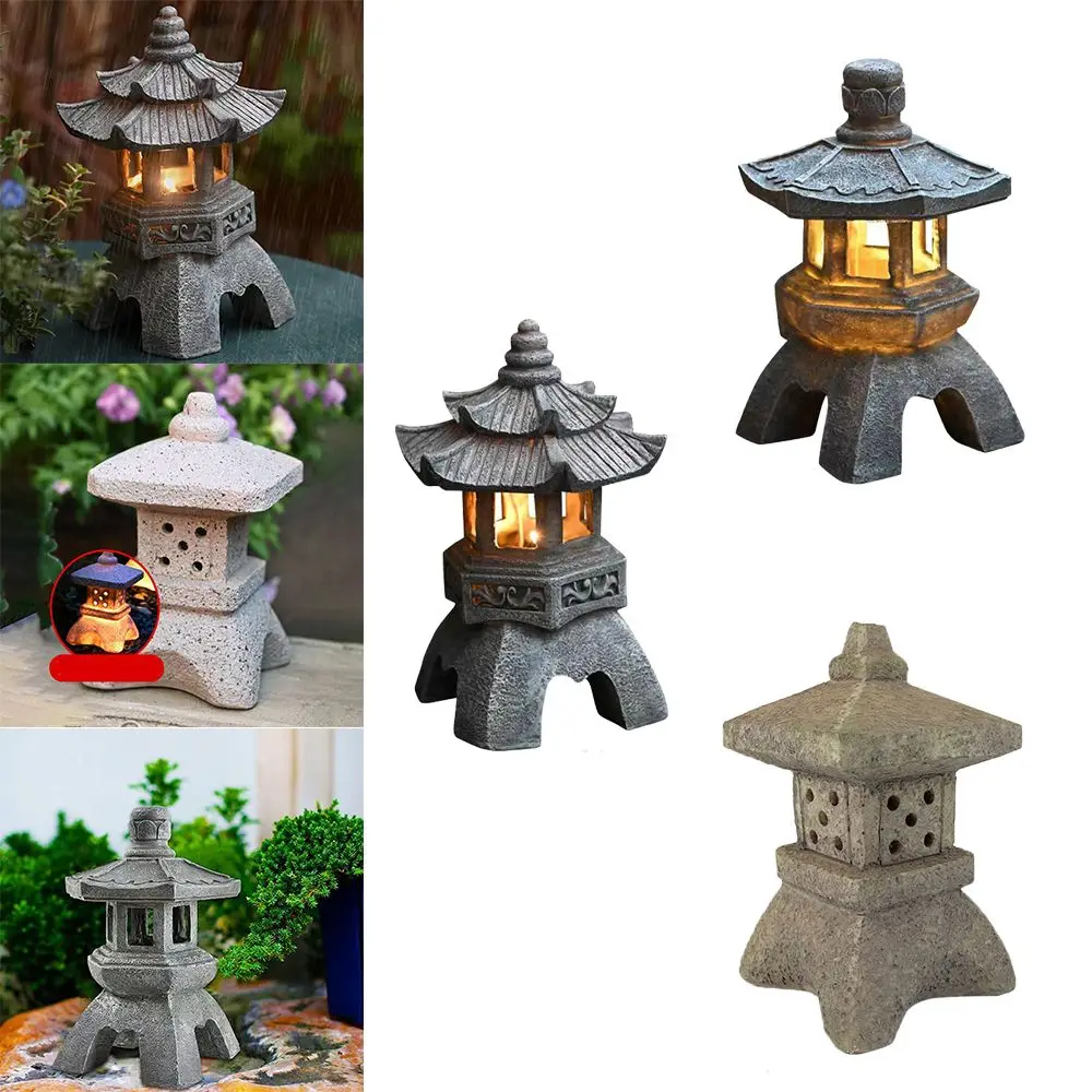 

Creative Resin Solar Lamp Palace Lanterns Tower Statue Courtyard Zen Decoration Ornaments Solar Powered Pagoda Lantern