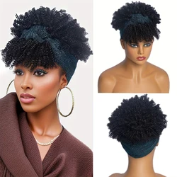 Short Curly Headband Wigs Afro Kinky Curly Headband Scarf Wigs with Bangs Synthetic Fluffy Head Wrap Wigs for Black Women
